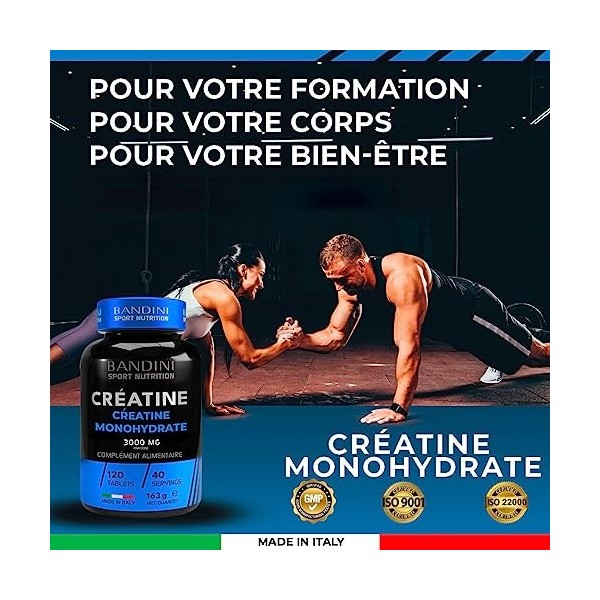 Bandini® Créatine Monohydrate Micronisée MERCURIO-FREE 100% pure - 120 comprimés - Vegan - Augmente les performances physique