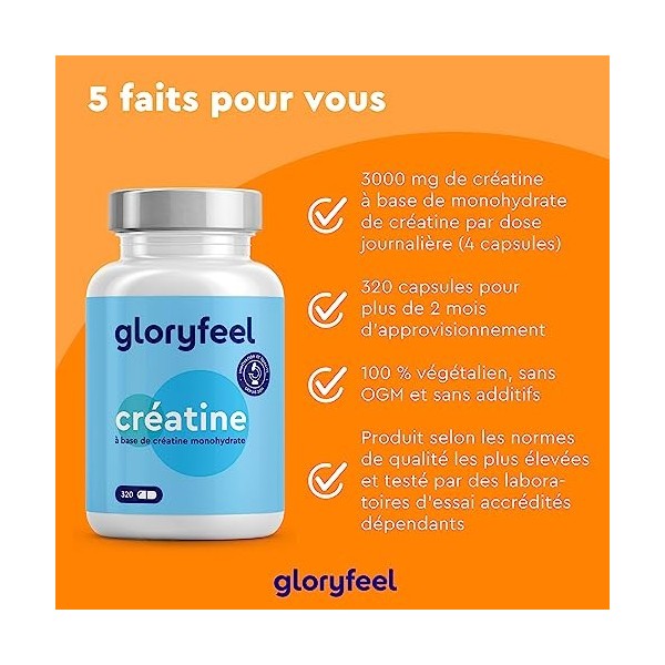 Créatine Pure Hautement Dosée 320 Capsules , 3000 mg de Creatine Monohydrate par Dose Journalière, Améliore les Capacités Ph