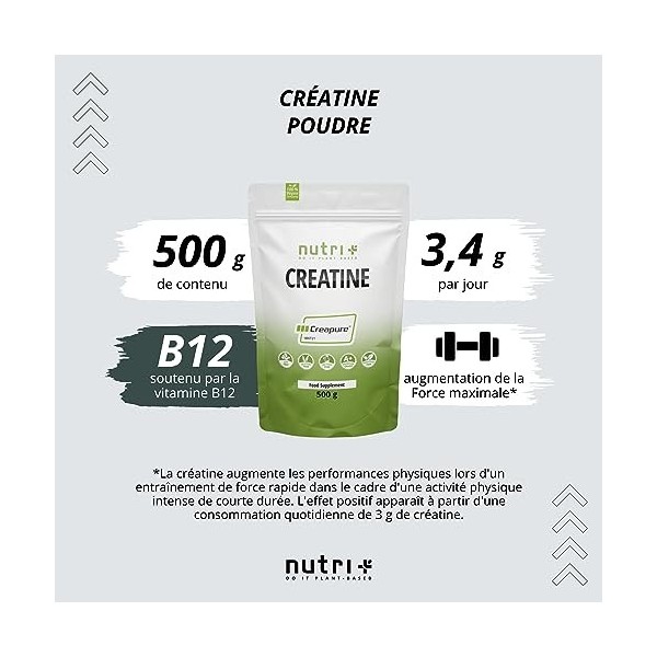 Creatine Creapure 500g - Creatine Monohydrat Poudre - 99,99% pure - Ultrafine Neutre le plus haut dosage - Nutri + Vegan - Qu