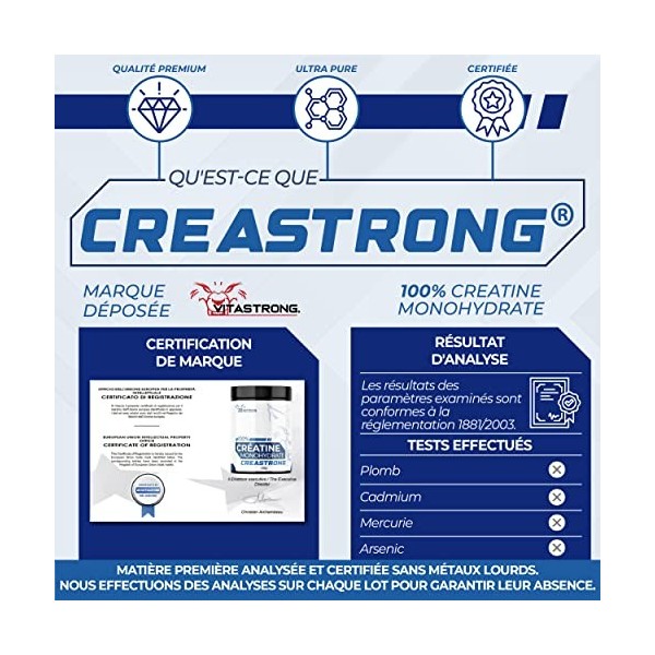 Creatine Monohydrate 100% PURE Creastrong® | Marque Déposée de Vitastrong, Creatine Monohydrate Poudre | Creatine Poudre Non 