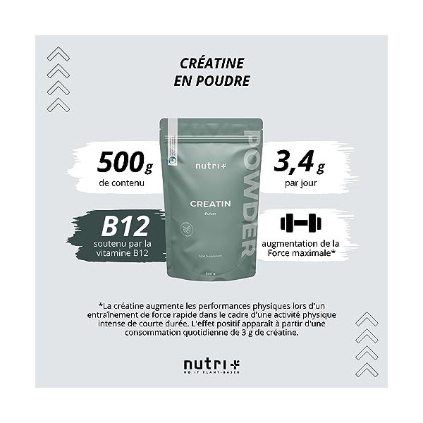 Créatine Monohydrate 500g - Poudre de créatine - pure à 99,99% - hautement dosée, ultrafine, végétalienne et neutre - Nutri +