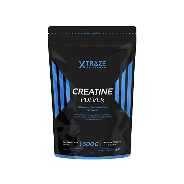 XTRAZE® Créatine Monohydrate en Poudre 500 g, Créatine Vegan 100% Naturelle, Qualité Allemande, sans Additifs Inutiles, pour 