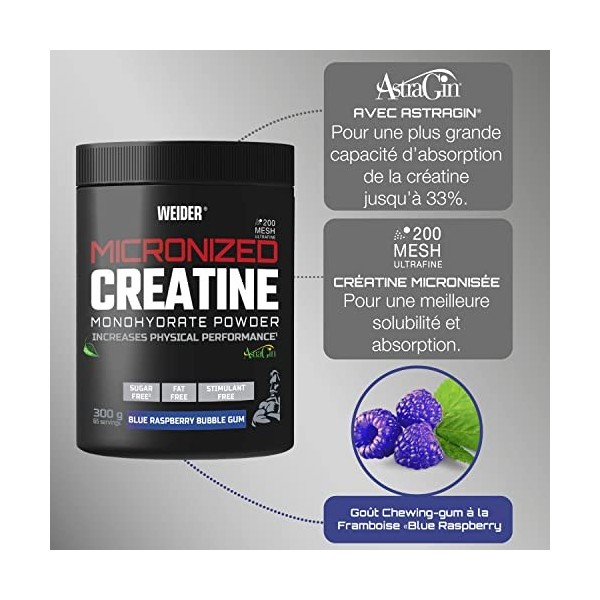 Weider Micronized Creatine Monohydrate Powder 300g Goût Chewing-gum Framboise. Poudre de Créatine Monohydrate 200 Mesh Ultr