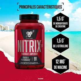 BSN Nitrix 2.0 Complément alimentaire, oxyde nitrique avec acide aminé L-Citrulline, niacine, poivre noir et extraits de plan