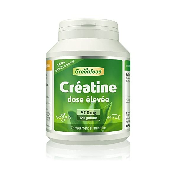 Greenfood Créatine, 500 mg, dose élevée, 120 gélules - SANS additifs artificiels, sans génie génétique. Vegan.
