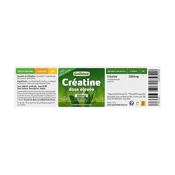Greenfood Créatine, 500 mg, dose élevée, 120 gélules - SANS additifs artificiels, sans génie génétique. Vegan.