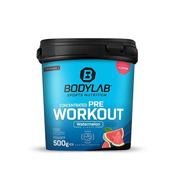 Bodylab24 Concentrated Pre-Workout Booster Pastèque 500g, booster dénergie avec créatine, bêta-alanine, arginine, niacine et