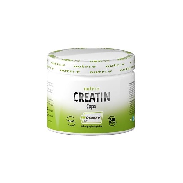 Creatine Creapure Gelules - 99,99% pure - le plus haut dosage - Nutri + 240 Capsules végan - 750mg de pure créatine monohydra