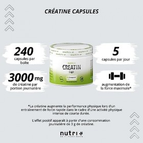 Creatine Creapure Gelules - 99,99% pure - le plus haut dosage - Nutri + 240 Capsules végan - 750mg de pure créatine monohydra