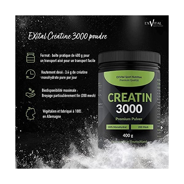 Créatine 3000-400g de pure créatine monohydrate, 3400 mg de poudre de créatine par dose journalière, 100% pure avec Mesh Fact