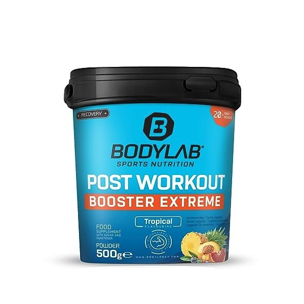 Bodylab24 Post Workout Extreme Mélange de Fruits Tropicaux 500g, avec des acides aminés dont les BCAA dans un rapport 2:1:1 