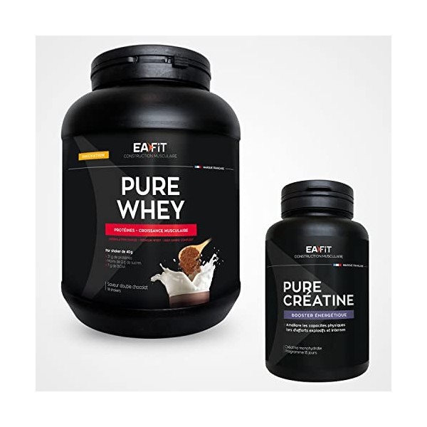 EAFIT - LOT CROISSANCE MUSCULAIRE - PURE CREATINE 90 gélules, Créatine Monohydrate et PURE WHEY 750g Double Chocolat - Certif