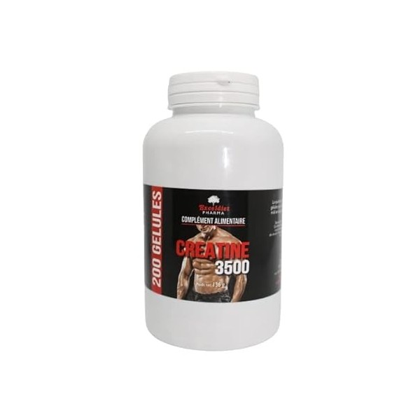 Créatine Monohydrate - 200 Gélules végétales- Creatine pure - Homme et Femme 3500mg/ Jour - Masse musculaire, force et résist