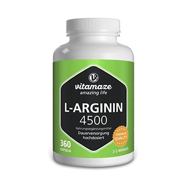 L-Arginine 4.500 mg Fort pour les Sportifs - 360 Gélules 3 Mois - Performance Physique - Supplément dArginine Pure et Natu