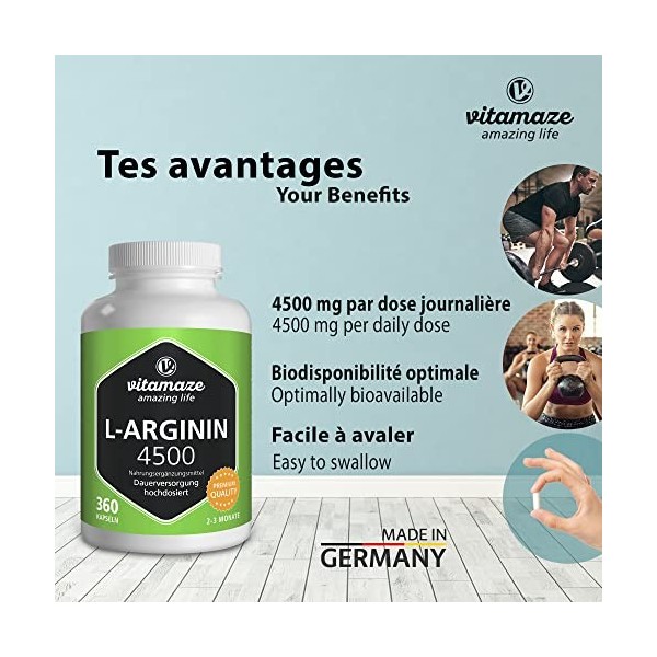 L-Arginine 4.500 mg Fort pour les Sportifs - 360 Gélules 3 Mois - Performance Physique - Supplément dArginine Pure et Natu