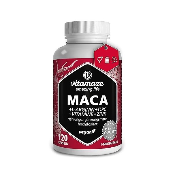 Maca Complex 5000mg - Énergie Booster, Circulation, Endurance, avec L-Arginine + Vitamines B6, B12 + OPC + Zinc -120 Vegan Ca