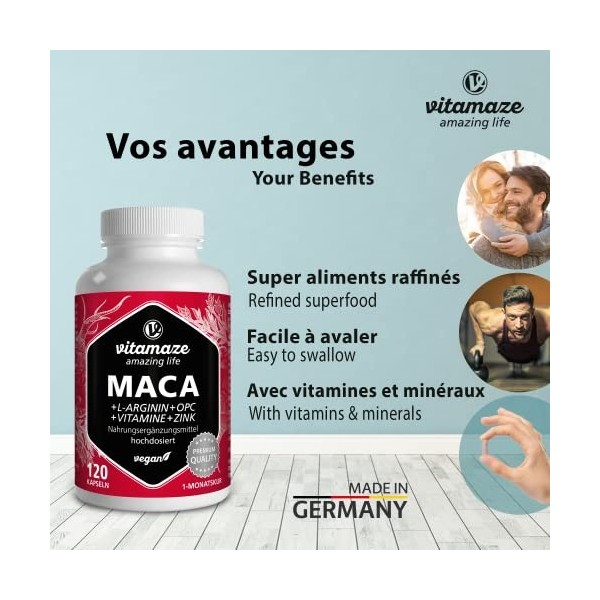 Maca Complex 5000mg - Énergie Booster, Circulation, Endurance, avec L-Arginine + Vitamines B6, B12 + OPC + Zinc -120 Vegan Ca