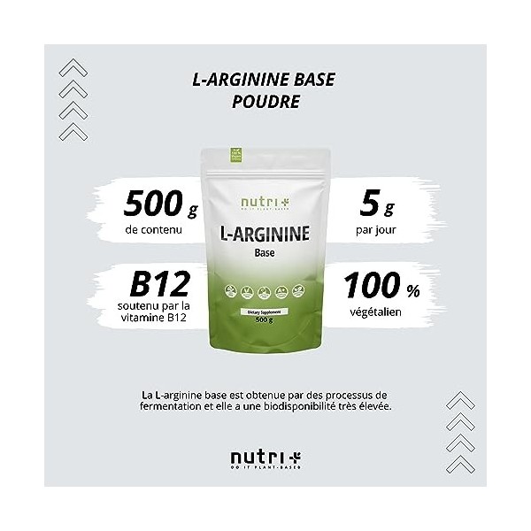 L-Arginine Base Poudre 500g - dosage le plus élevé - végétal par fermentation - L-Arginine Poudre pure - Vegan - Neutre - san