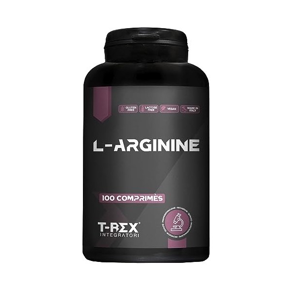 T-Rex Integratori, L-Arginine 1000mg 100 comprimés pour Végétariens et Végétaliens. Complément à base d’ Arginine HCL Pure. É