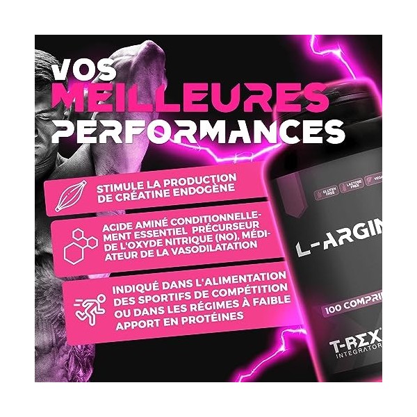T-Rex Integratori, L-Arginine 1000mg 100 comprimés pour Végétariens et Végétaliens. Complément à base d’ Arginine HCL Pure. É