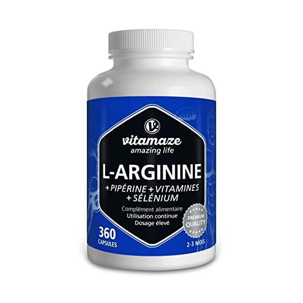 L Arginine Complex Fort 4500mg -360 Capsules avec B6, B12 + Acide Folique + Sélénium + Pipérine - Idéal pour les Athlètes - Q