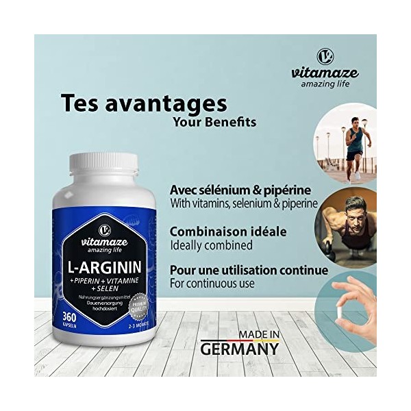 L Arginine Complex Fort 4500mg -360 Capsules avec B6, B12 + Acide Folique + Sélénium + Pipérine - Idéal pour les Athlètes - Q