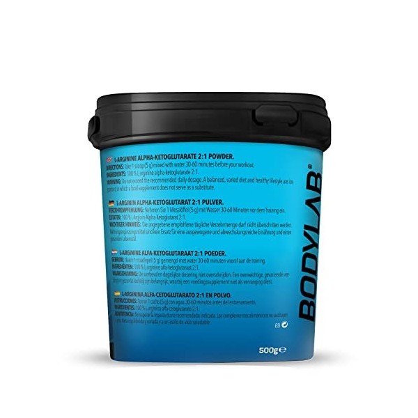 Bodylab24 AAKG Arginine-Alpha-Ketoglutarate 500g de poudre dans un rapport 2:1, supplément de pré-entraînement, sans goût, sa