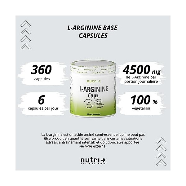 Arginine Base gélules vegan hautement dosé - fermenté testé en laboratoire - 4500mg 100% pure L-Arginine végétale pour hommes