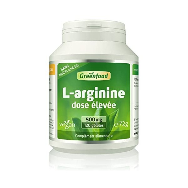 Greenfood L-arginine, 500 mg, dose élevée, vegan, 120 gélules - SANS additifs. Sans génie génétique.