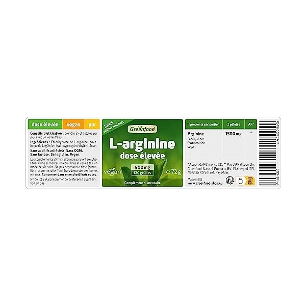 Greenfood L-arginine, 500 mg, dose élevée, vegan, 120 gélules - SANS additifs. Sans génie génétique.