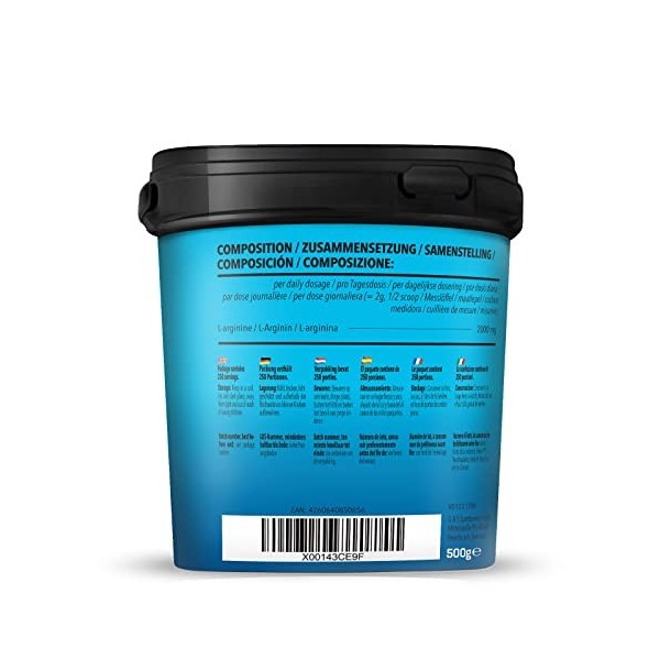 Bodylab24 L-Arginine Powder 500g, 2000mg de poudre darginine pure par dose, à base de molasse de maïs & de betterave sucrièr