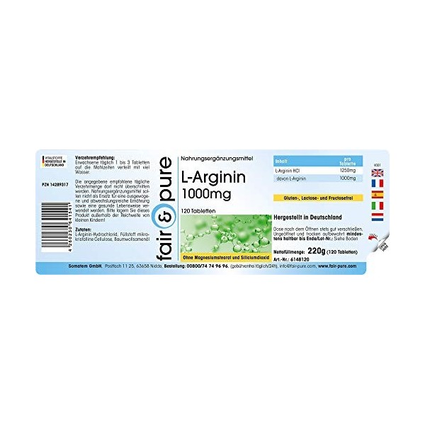 Fair & Pure® - L-Arginine 1000mg - hautement dosé - avec 3750mg de L-Arginine par dose journalière - 120 comprimés