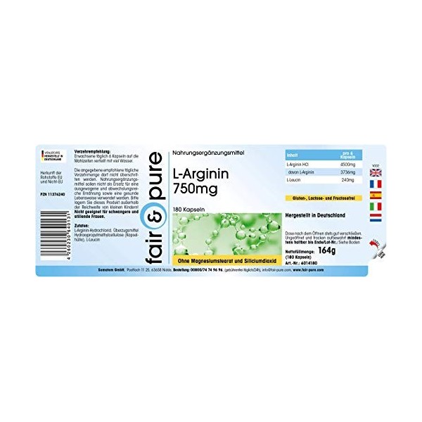 Fair & Pure® - L-Arginine - avec 4500mg de L-Arginine HCL par dose journalière - hautement dosé - végan - 180 gélules