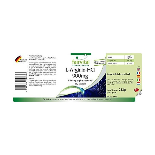 Fairvital | L-Arginine HCl 900 mg - 4.500mg dArginine HCL dont 3.736mg de L-Arginine pure par dose journaliére - VEGAN - For
