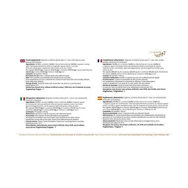 Vita World Pack de 3 Arginine Ornithine Lysine + Zinc + Vitamine C 3 x 60 Capsules Made in Germany