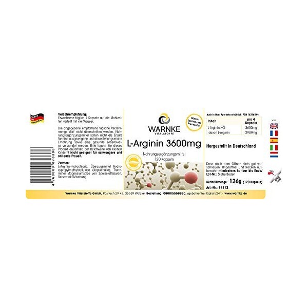 L-Arginine 3600 mg - 120 gélules - vegan | Warnke Vitalstoffe