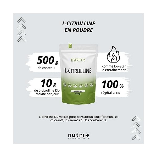 L-CITRULLINE MALATE Poudre 500g - à haute dose + végétalienne + pur - BOOSTER musculation et fitness - L-Citrulline Malate DL