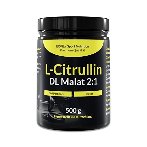 L-Citrulline en poudre, 500g L-Citrulline DL-Malate 2:1 - Solubilité optimale, testé en laboratoire & sans additifs, booster 