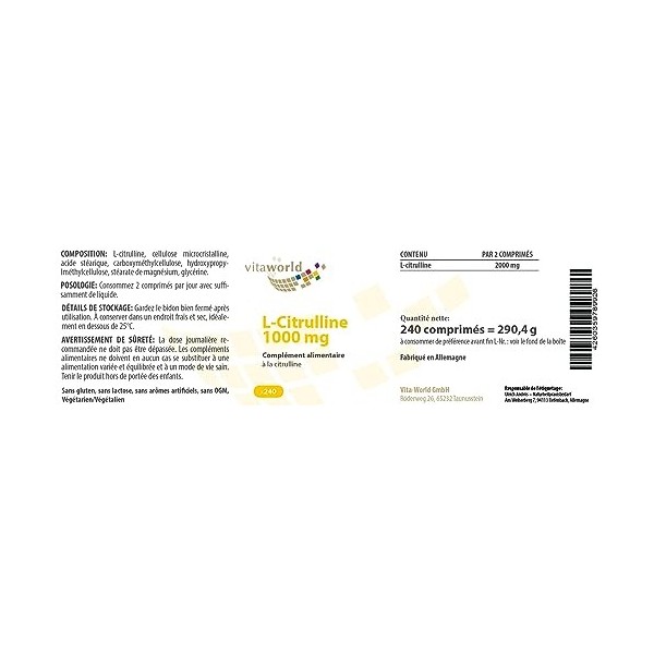 Vita World L-Citrulline 1000 mg Hautement Dosé 240 Comprimés Végétarien comprimé biodisponibilité élevée