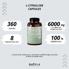 L-Citrulline Malate gelule 6000-360 Capsules vegan + hautement dosé - Nutri + L-Citrulline gelules DL 2.1 végétalien - Qualit