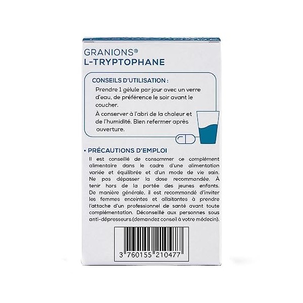 L-Tryptophane GRANIONS | Complement alimentaire serotonine | L-Tryptophane 220mg avec Vitamine B6 + Magnésium | Régulation de