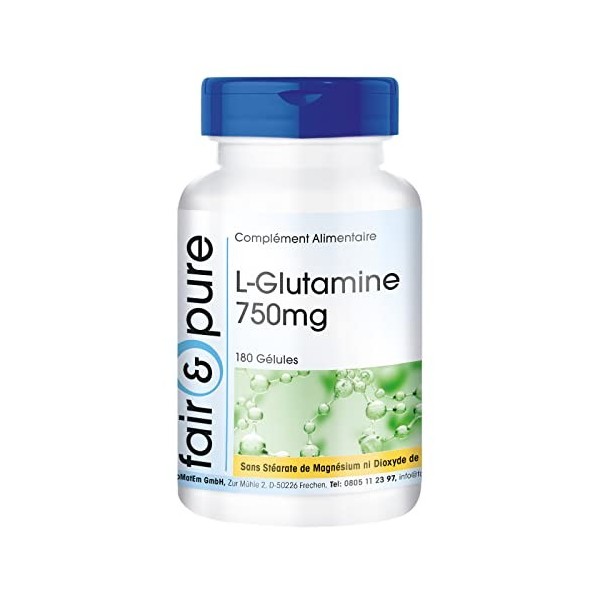 Fair & Pure® - L-Glutamine 750mg - avec 2250mg de L-Glutamine par dose journalière - végan - 180 gélules