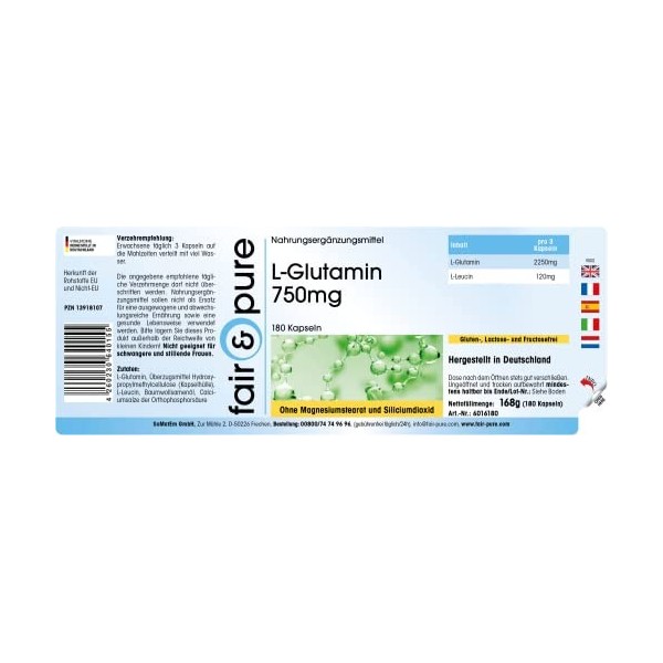 Fair & Pure® - L-Glutamine 750mg - avec 2250mg de L-Glutamine par dose journalière - végan - 180 gélules