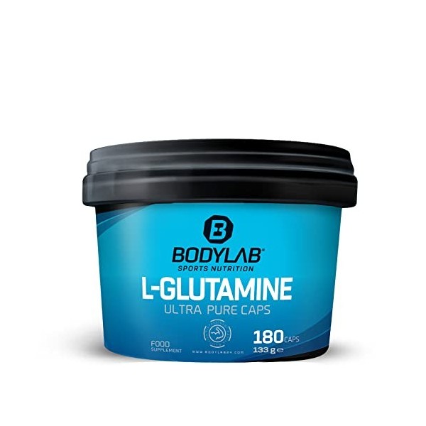 Bodylab24 L-Glutamine 180 gélules, avec 3000mg de glutamine pur par dose journalière de 6 gélules, pauvre en calories, convie