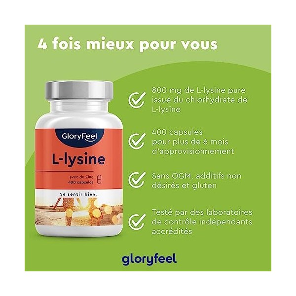 L-Lysine avec Zinc Hautement Dosée, 400 Capsules avec 1000 mg de Lysine par Dose Quotidienne, Acide Aminé Essentiel, Soutient