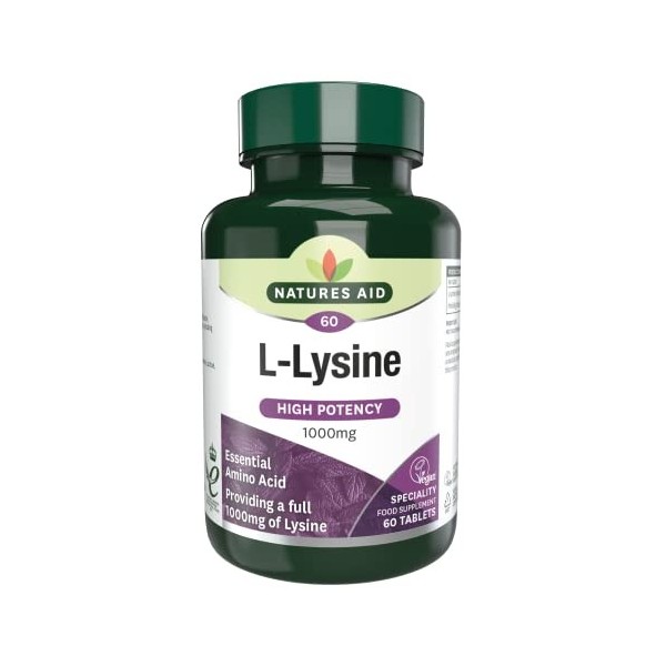 Natures Aid L-Lysine 1000 mg de, acide aminé essentiel à haute efficacité, convient aux végétaliens, 60 comprimés