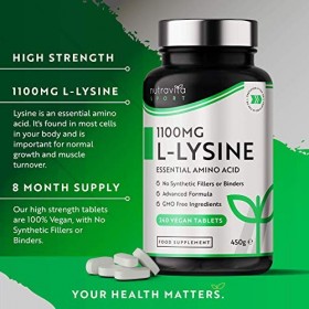 L-Lysine 1100mg Hautement Dosé - 240 Vegan comprimés - Supplément dacides aminés essentiels L Lysine - Croissance normale et