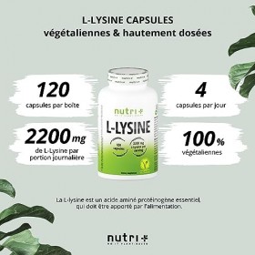 L-Lysine gelules vegan - acide aminé essentiel - à haute dose de 2200 mg par portion journalière - végétal & sans diluant - N