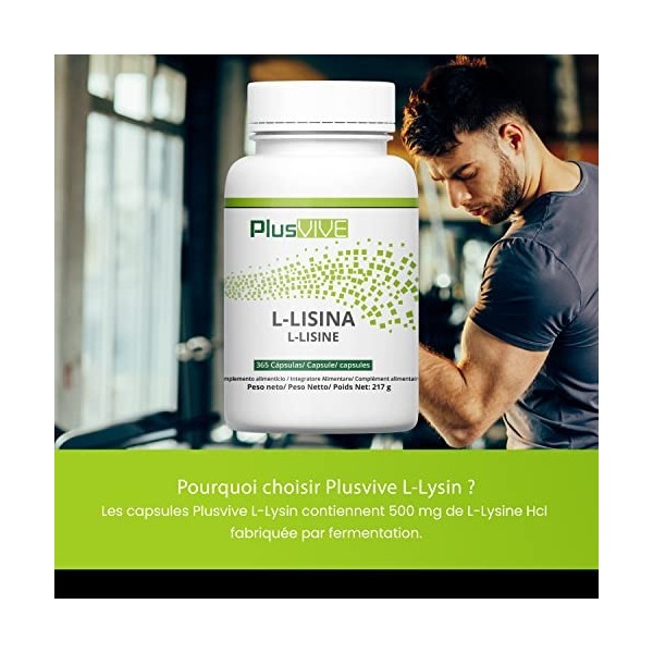 Plusvive - Lot de 365 capsules de L-lysine vegan, à haute efficacité, 500 mg