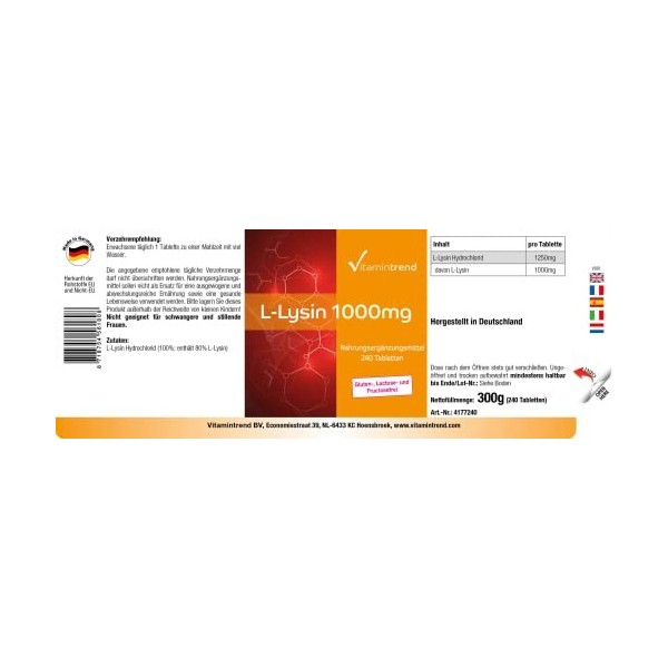 L-Lysine - hautement dosé - 1000 mg par comprimé - 240 comprimés - végan | Vitamintrend®